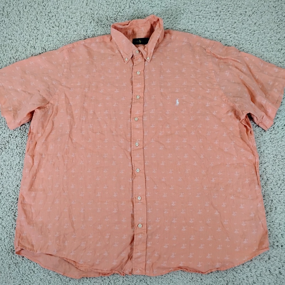 Ralph Lauren Shirt Mens 2XB 2XL Orange Linen Lighthouse Nautical Button Beach